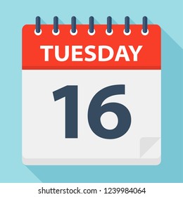 Tuesday 16 - Calendar Icon. Vector illustration of week day paper leaf.
