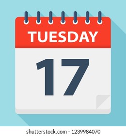 Tuesday 17 - Calendar Icon. Vector illustration of week day paper leaf.