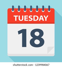 Tuesday 18 - Calendar Icon. Vector illustration of week day paper leaf.