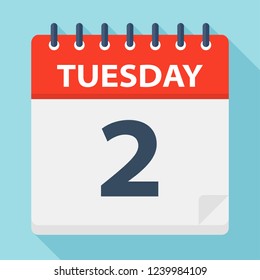 Tuesday 2 - Calendar Icon. Vector illustration of week day paper leaf.