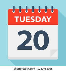Tuesday 20 - Calendar Icon. Vector illustration of week day paper leaf.