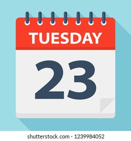 Tuesday 23 - Calendar Icon. Vector illustration of week day paper leaf.
