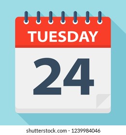 Tuesday 24 - Calendar Icon. Vector illustration of week day paper leaf.