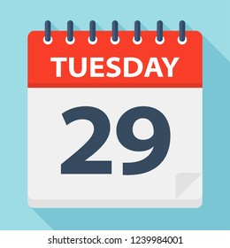 Tuesday 29 - Calendar Icon. Vector illustration of week day paper leaf.
