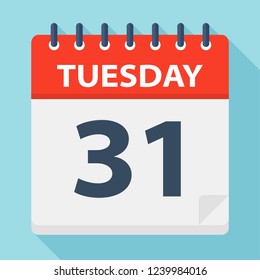 Tuesday 31 - Calendar Icon. Vector illustration of week day paper leaf.