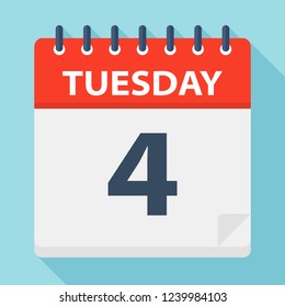 Tuesday 4 - Calendar Icon. Vector illustration of week day paper leaf.