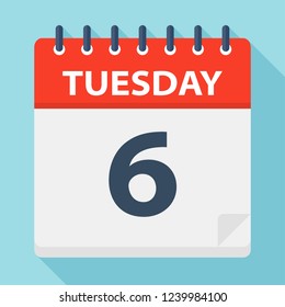Tuesday 6 - Calendar Icon. Vector illustration of week day paper leaf.