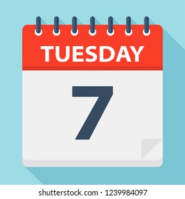 Tuesday 7 - Calendar Icon. Vector illustration of week day paper leaf.