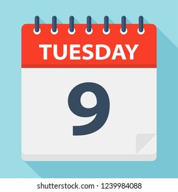 Tuesday 9 - Calendar Icon. Vector illustration of week day paper leaf.