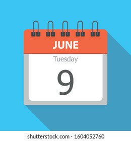 Tuesday 9 - June - Calendar icon. Flat vector illustration of week day paper leaf.