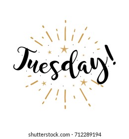 Tuesday. Beautiful greeting card poster with calligraphy black text Word gold fireworks star. Hand drawn design elements. Handwritten modern brush lettering on a white background isolated vector