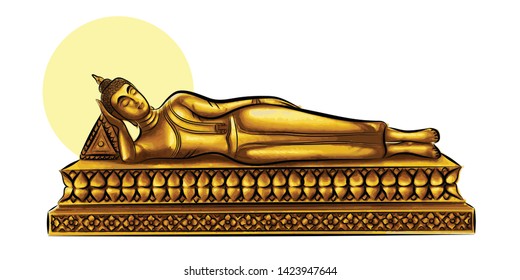 The Tuesday Buddha image is lying on his right side head resting on his arm toes even.