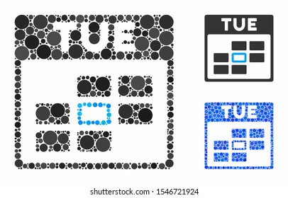 Tuesday calendar grid composition of filled circles in variable sizes and color tinges, based on Tuesday calendar grid icon. Vector filled circles are organized into blue mosaic.