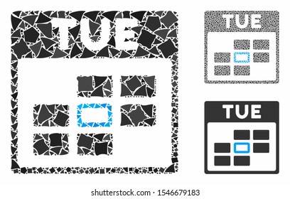 Tuesday calendar grid composition of rugged items in different sizes and color tones, based on Tuesday calendar grid icon. Vector rough items are organized into collage.