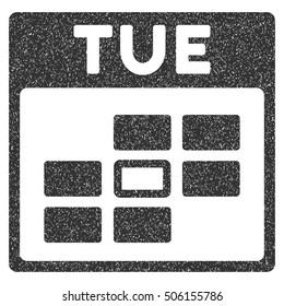 Tuesday Calendar Grid grainy textured icon for overlay watermark stamps. Flat symbol with dirty texture. Dotted vector gray ink rubber seal stamp with grunge design on a white background.