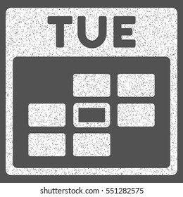 Tuesday Calendar Grid grainy textured icon for overlay watermark stamps. Flat symbol with scratched texture. Dotted vector white ink rubber seal stamp with grunge design on a gray background.