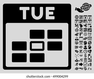 Tuesday Calendar Grid icon with bonus calendar and time management pictures. Vector illustration style is flat iconic symbols, black, light gray background.