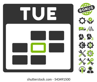 Tuesday Calendar Grid icon with bonus tools design elements. Vector illustration style is flat iconic symbols, eco green and gray, white background.