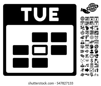 Tuesday Calendar Grid icon with bonus calendar and time management graphic icons. Vector illustration style is flat iconic symbols, black, white background.