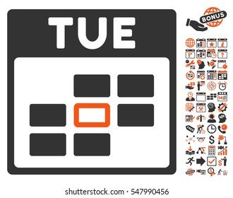 Tuesday Calendar Grid icon with bonus calendar and time management pictograms. Vector illustration style is flat iconic symbols, orange and gray, white background.