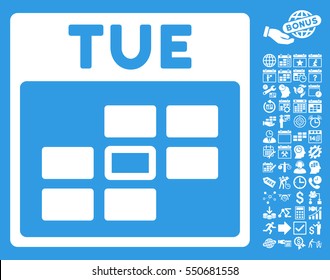 Tuesday Calendar Grid icon with bonus calendar and time management graphic icons. Vector illustration style is flat iconic symbols, white, blue background.