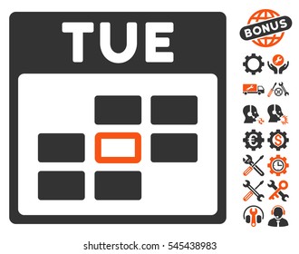 Tuesday Calendar Grid pictograph with bonus settings images. Vector illustration style is flat iconic symbols, orange and gray, white background.