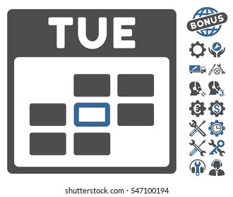 Tuesday Calendar Grid pictograph with bonus service pictures. Vector illustration style is flat iconic symbols, cobalt and gray, white background.