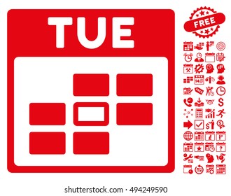 Tuesday Calendar Page icon with bonus calendar and time management images. Vector illustration style is flat iconic symbols, red color, white background.