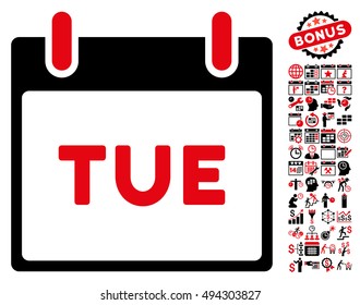 Tuesday Calendar Page icon with bonus calendar and time management pictures. Vector illustration style is flat iconic bicolor symbols, intensive red and black colors, white background.