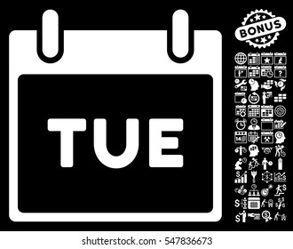 Tuesday Calendar Page icon with bonus calendar and time management pictures. Vector illustration style is flat iconic symbols, white, black background.