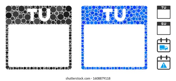 Tuesday calendar page mosaic of filled circles in variable sizes and shades, based on Tuesday calendar page icon. Vector filled circles are composed into blue illustration.