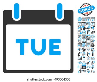 Tuesday Calendar Page pictograph with bonus calendar and time management pictograph collection. Vector illustration style is flat iconic bicolor symbols, blue and gray colors, white background.