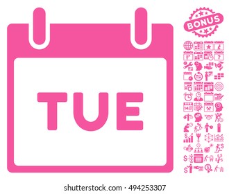 Tuesday Calendar Page pictograph with bonus calendar and time management images. Vector illustration style is flat iconic symbols, pink color, white background.