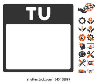 Tuesday Calendar Page pictograph with bonus service images. Vector illustration style is flat iconic symbols, orange and gray, white background.