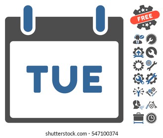 Tuesday Calendar Page pictograph with bonus configuration symbols. Vector illustration style is flat iconic symbols, cobalt and gray, white background.