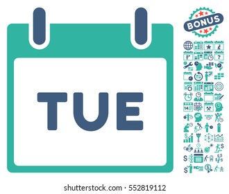 Tuesday Calendar Page pictograph with bonus calendar and time management pictures. Vector illustration style is flat iconic symbols, cobalt and cyan, white background.