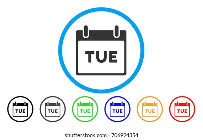 Tuesday Calendar Page vector rounded icon. Image style is a flat gray icon symbol inside a blue circle. Bonus color versions are grey, black, blue, green, red, orange.