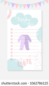 Tuesday Daily To do List for a mother of a newborn kid. Cartoon bodysuit for Baby Shower. For shopping design, posters, brochures, flyers and journaling. Vector Illustration.