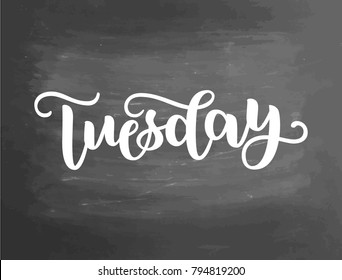 Tuesday. Handwriting font by calligraphy. Vector illustration on blackboard background. EPS 10. Brush chalk lettering. Day of Week