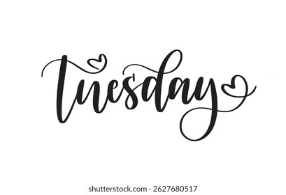 Tuesday hand-written script with hearts. Days of the week for stories, posts, scrapbooking and wall art. Journalling and planners. Vector design