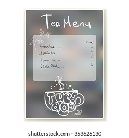 Tuesday.  Illustration with weekday name and tea board. A 4 background for your project