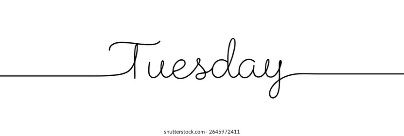 Tuesday inscription continuous one line drawing with word. Minimalistic drawing of phrase illustration.