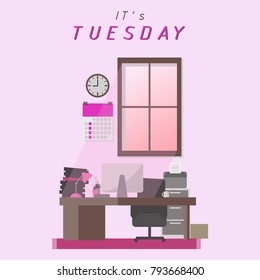 it's Tuesday office interior room,flat design,light tone,cute cartoon vector illustration,design graphic,pink theme