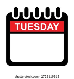 Botón de Web de calendario rojo y negro de martes. días de la semana. icono de martes de lunes a viernes. bloc de notas adhesivo. notas Ilustración vectorial