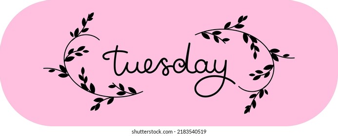 Tuesday Sticker. Days of the week calligraphy with leaf ornament. Vector day of the week, design for typography, design of diaries and organizers