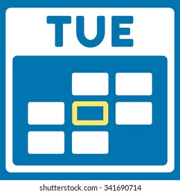 Tuesday vector icon. Style is bicolor flat symbol, yellow and white colors, rounded angles, blue background.