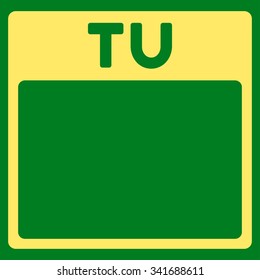 Tuesday vector icon. Style is flat symbol, yellow color, rounded angles, green background.