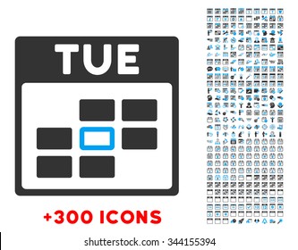 Tuesday vector pictogram with additional 300 date and time management icons. Style is bicolor flat symbols, blue and gray colors, rounded angles, white background.