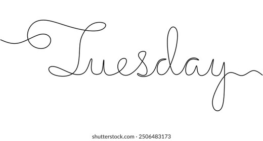 Tuesday word in one continuous line. Minimalist phrase illustration. Single line handwritten inscription.