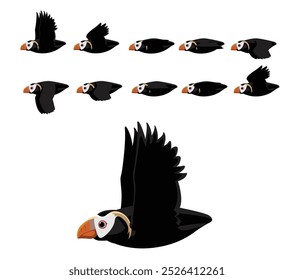 Tufted Puffin Flying Motion Animation Sequence Cartoon Vector Illustration
